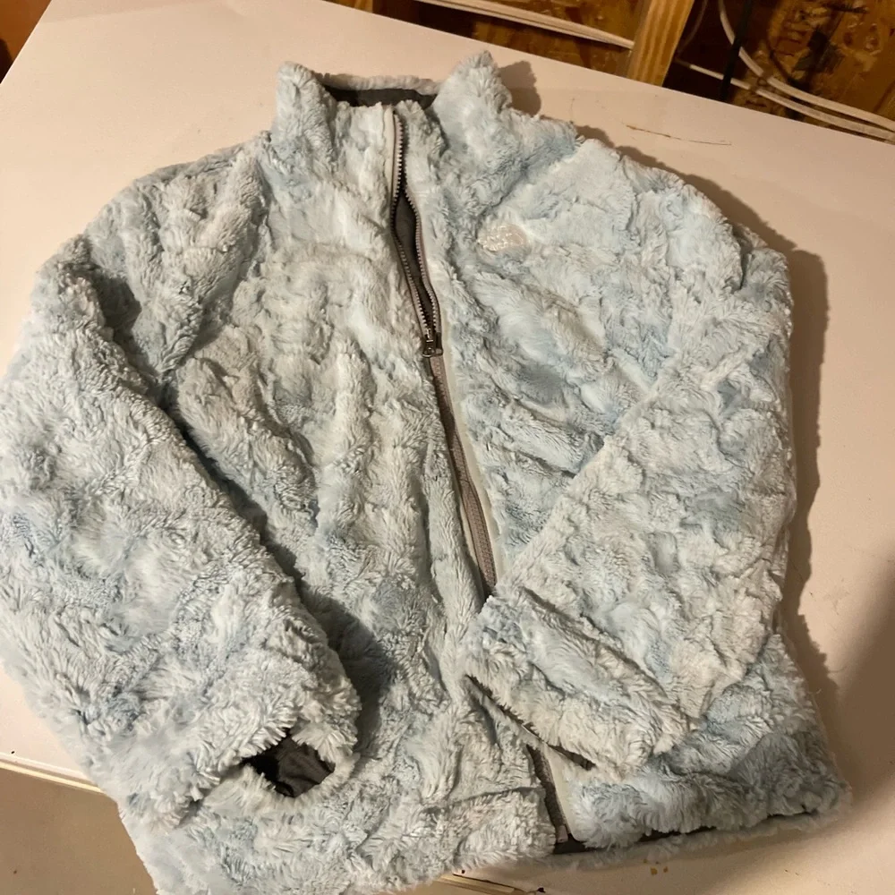 The North Face Gray Quilted Jacket with Light Blue Sherpa Lining
